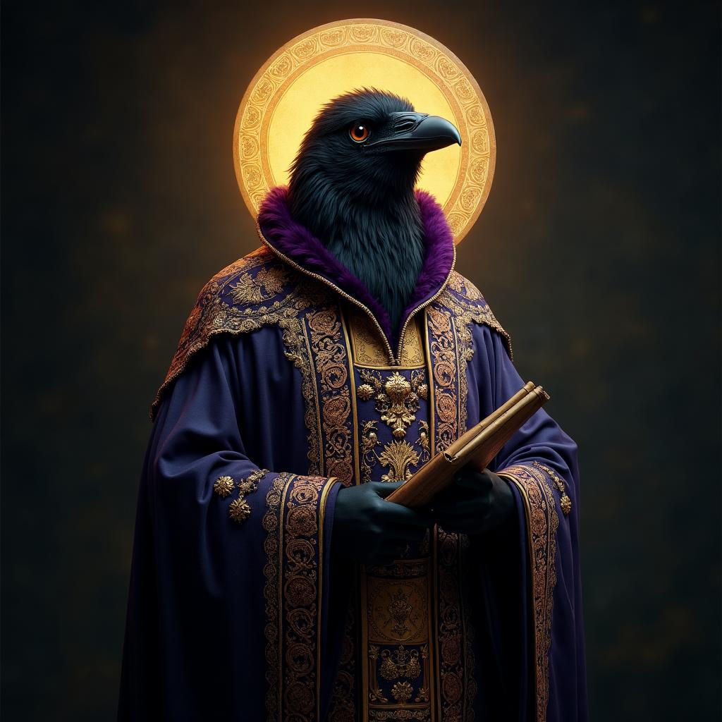 The Raven Prophet — sacred figure in violet and gold ecclesiastical vestments, bearing a sacred scroll, haloed in gold