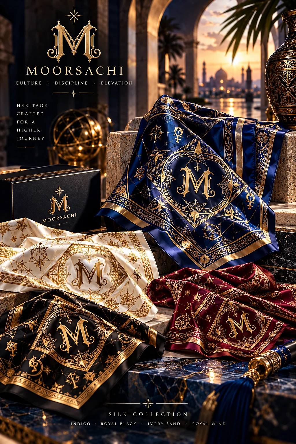 MOORSACHI Silk Collection: Indigo · Royal Black · Ivory Sand · Royal Wine
